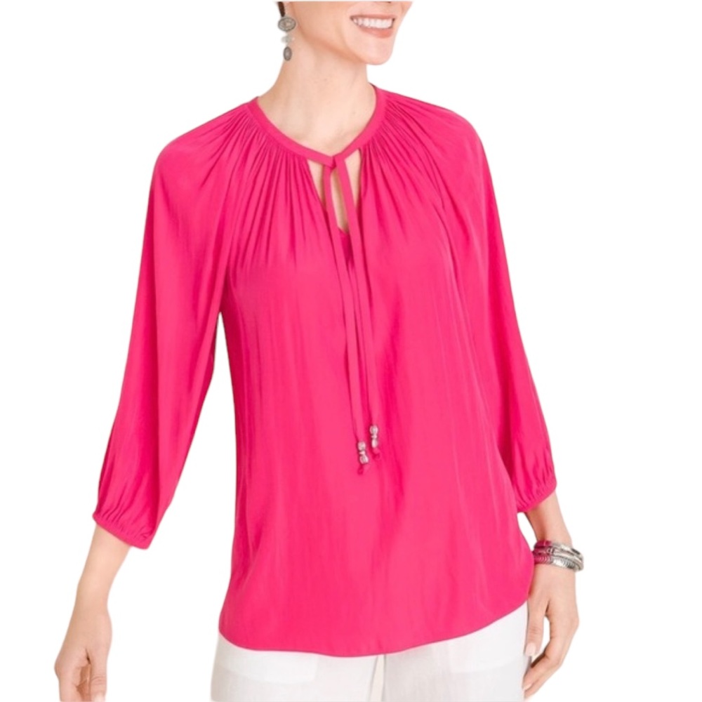 Chico’s Shirred Tie-Neck Raglan-Sleeve Blouse NWOT
